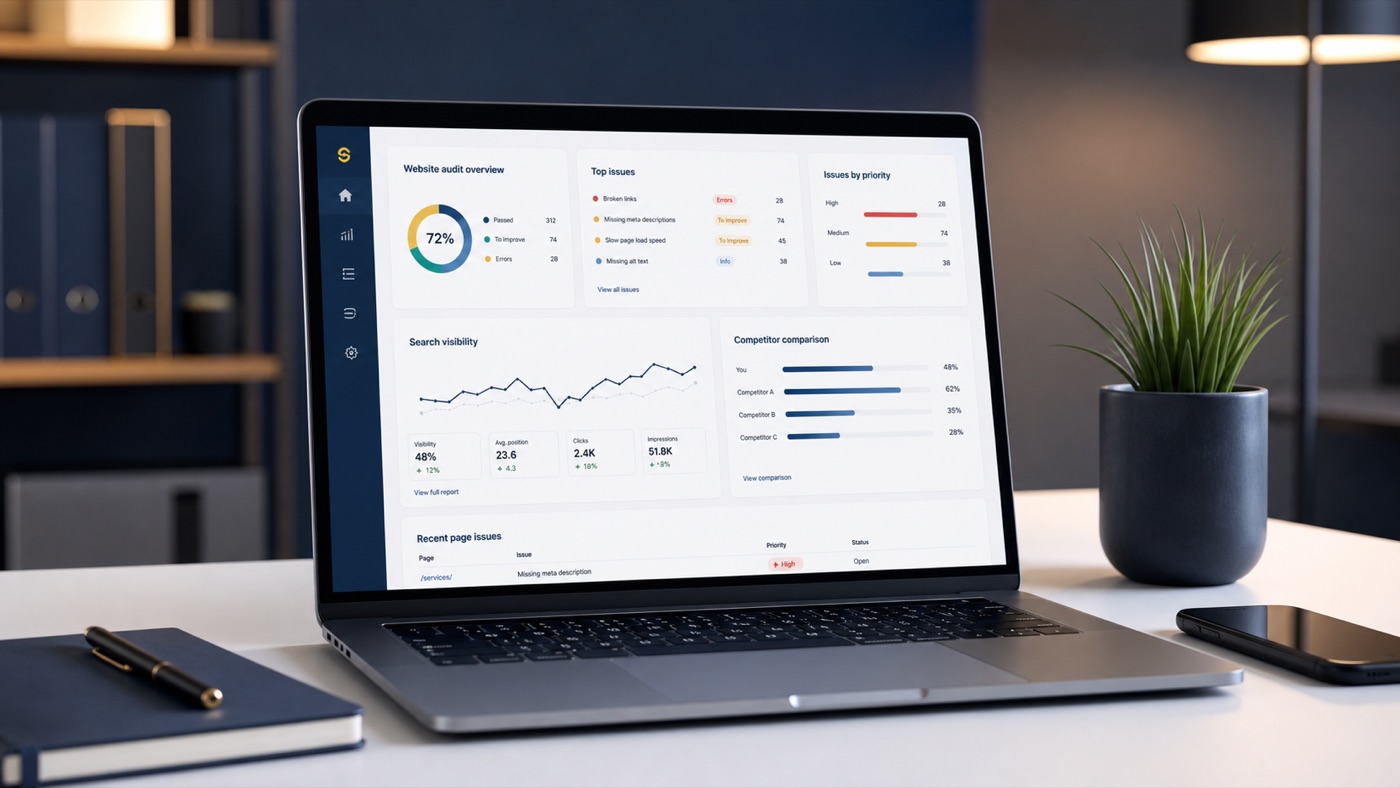 Laptop showing a website audit dashboard
